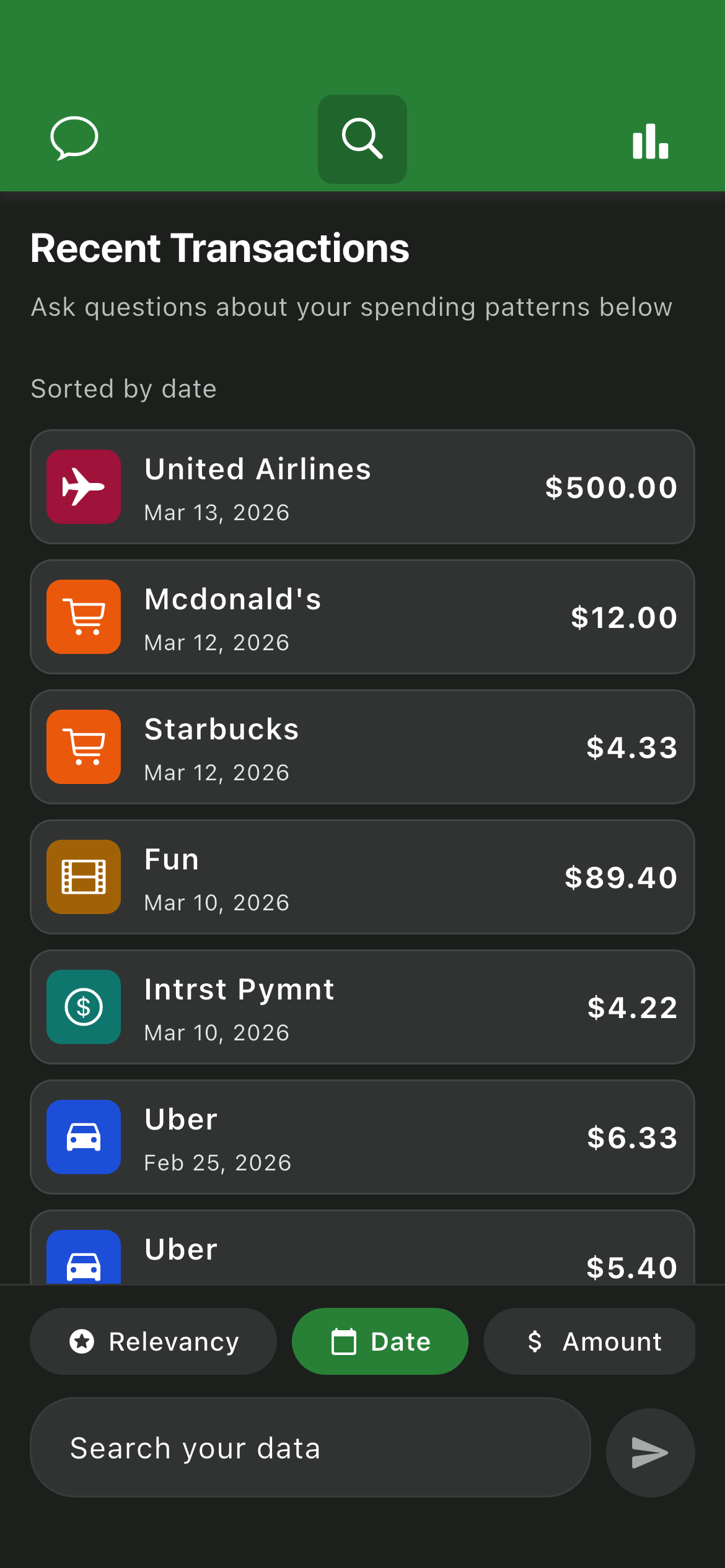 Franklin AI mobile interface in dark mode showing recent transactions