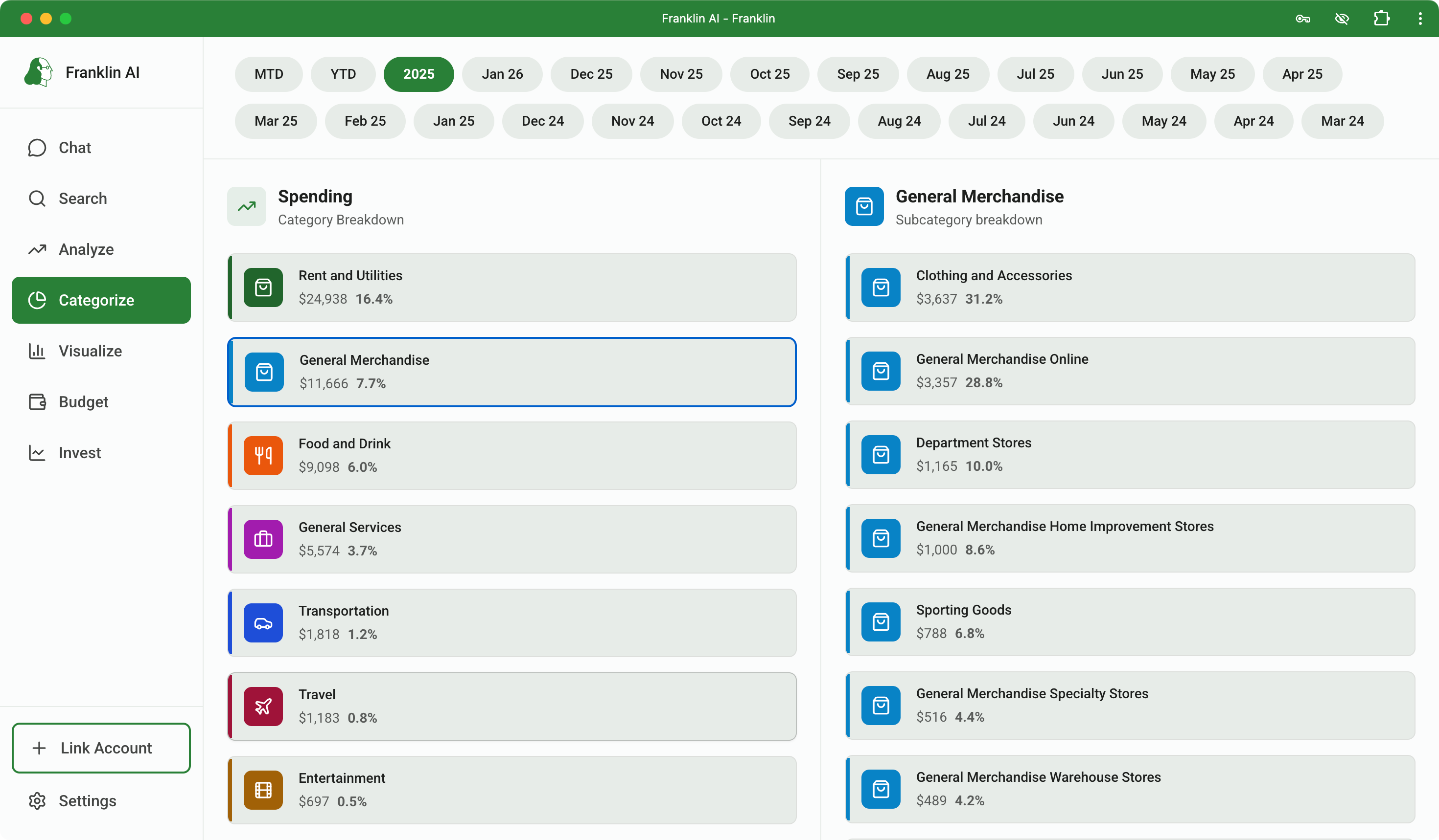Franklin AI desktop interface in light mode showing spending categories